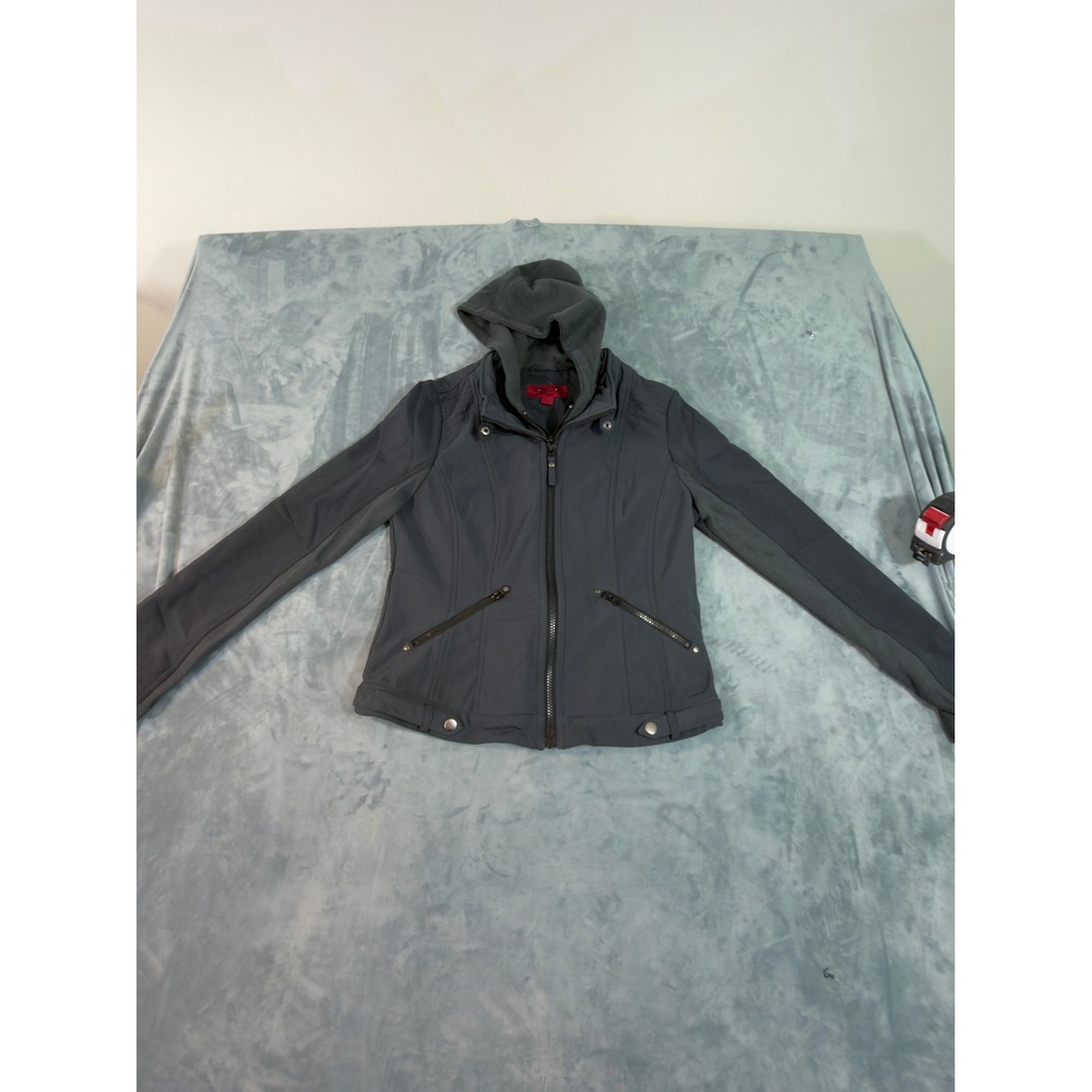 CoffeeShop Red Womens Gray Hooded Softshell Moto Jacket Full Zip Size M
